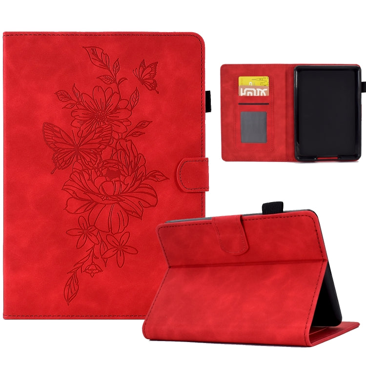 Red leather smart tablet case with embossed floral butterfly pattern and folding stand