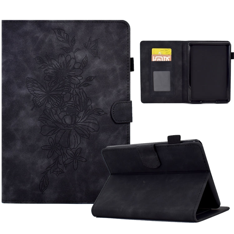 Dark embossed leather smart tablet case with peony butterfly floral pattern and stand