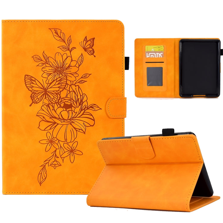Orange smart tablet case with embossed floral peony butterfly design, flip stand and card slots