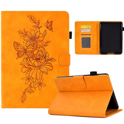 Orange smart tablet case with embossed floral peony butterfly design, flip stand and card slots