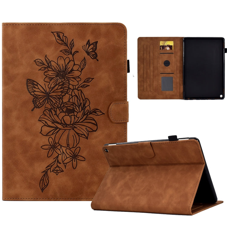 Brown embossed leather smart tablet case with floral butterfly design and device view