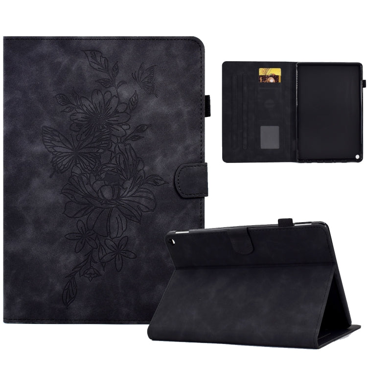Dark embossed leather folio smart tablet case with floral peony butterfly design