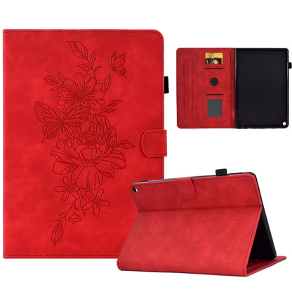 Red leather smart tablet case with embossed floral butterfly art and flip-open stand