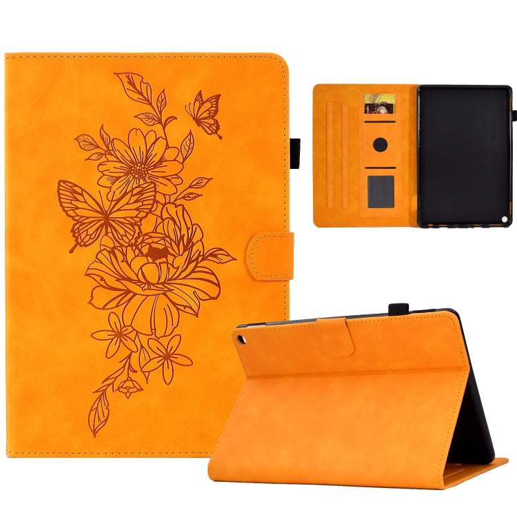 Orange smart tablet case with embossed floral peony butterfly design, front cover and flip stand