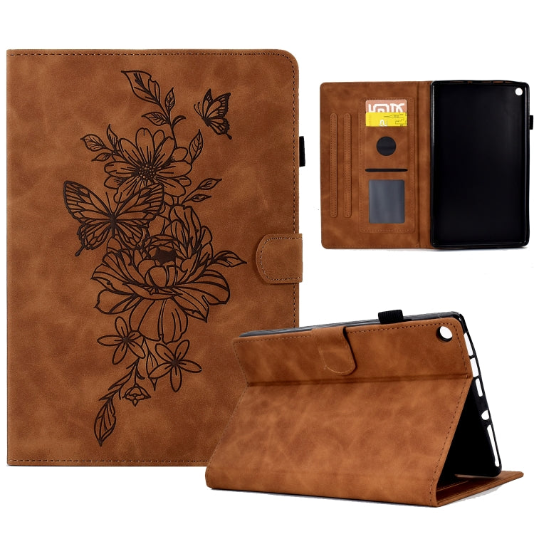 Brown embossed leather tablet case with floral butterfly design, pocket slots, and stand