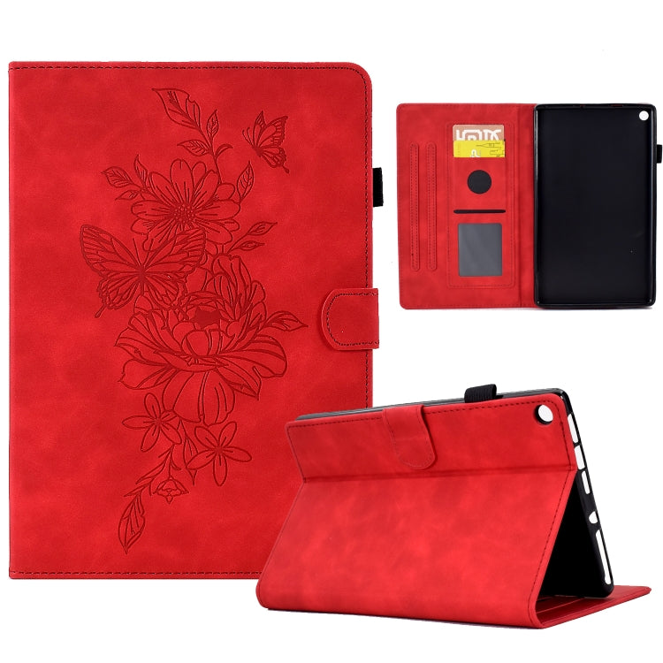 Red leather smart tablet case with embossed flowers and butterfly, card slot pocket
