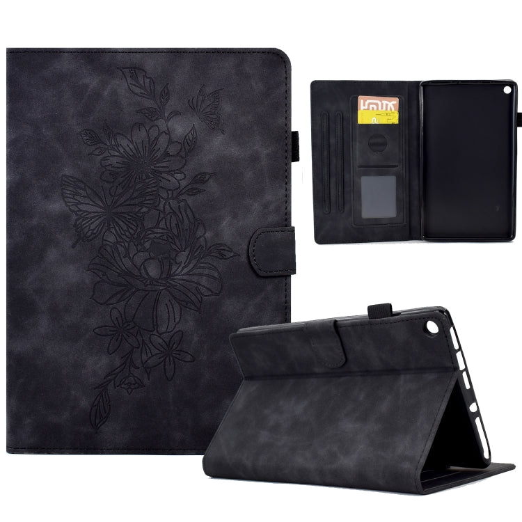 Dark embossed leather smart tablet case with peony butterfly design and card slots