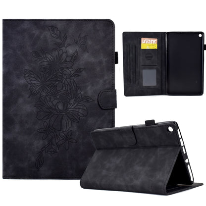 Dark embossed leather smart tablet case with peony butterfly design and card slots