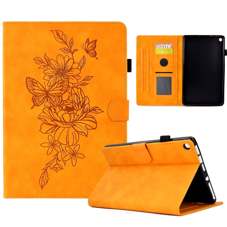 Orange smart tablet case with embossed floral peony butterfly design, stand view and rear cutouts