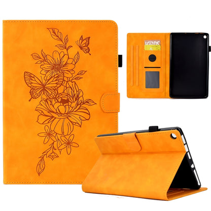 Orange smart tablet case with embossed floral peony butterfly design, stand view and rear cutouts