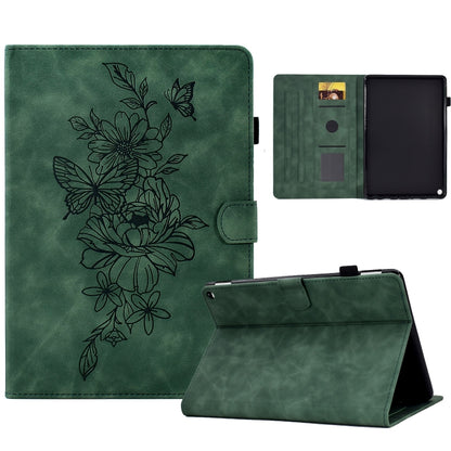 Green leather peony and butterfly folio tablet case, open slots and front cover