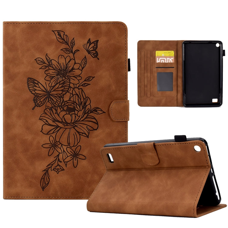 Brown leather peony and butterfly tablet case, open view with card slots