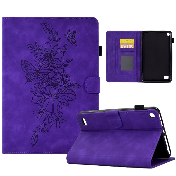 Purple peony butterfly embossed smart tablet case, open view with card slot and cover