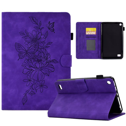 Purple peony butterfly embossed smart tablet case, open view with card slot and cover