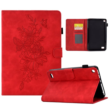 Red leather smart tablet case with embossed floral butterfly design, front view and stand