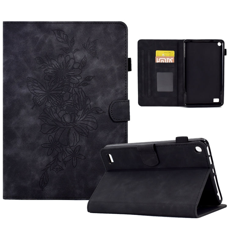 Dark embossed leather smart tablet case with peony butterfly design and multi card slots