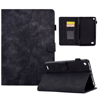 Dark embossed leather smart tablet case with peony butterfly design and multi card slots