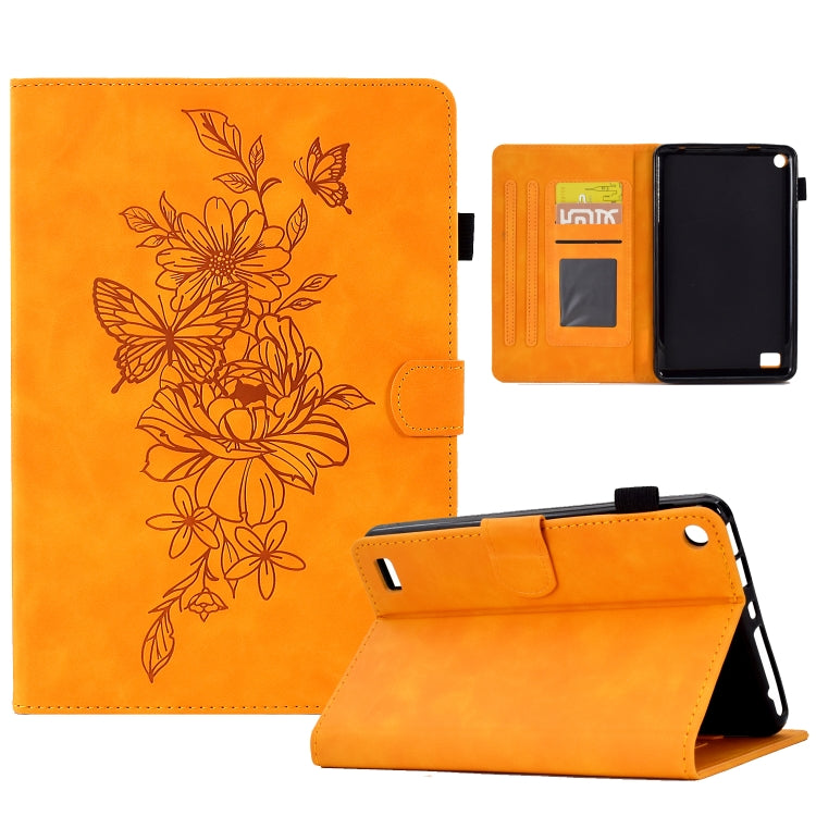 Orange smart tablet case with embossed floral peony butterfly design, card pocket and side cutout