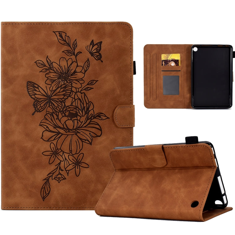 Brown leather folio tablet case with peony and butterfly pattern, side and front
