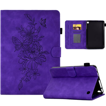 Purple leather smart tablet case with floral butterfly emboss, card slots, and fold stand
