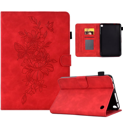 Red leather smart tablet case with embossed floral butterfly artwork and foldable kickstand