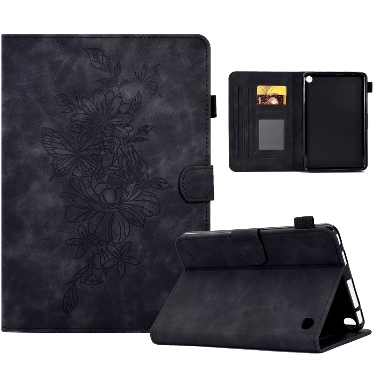 Dark embossed leather smart tablet folio case with peony butterfly motif and stand