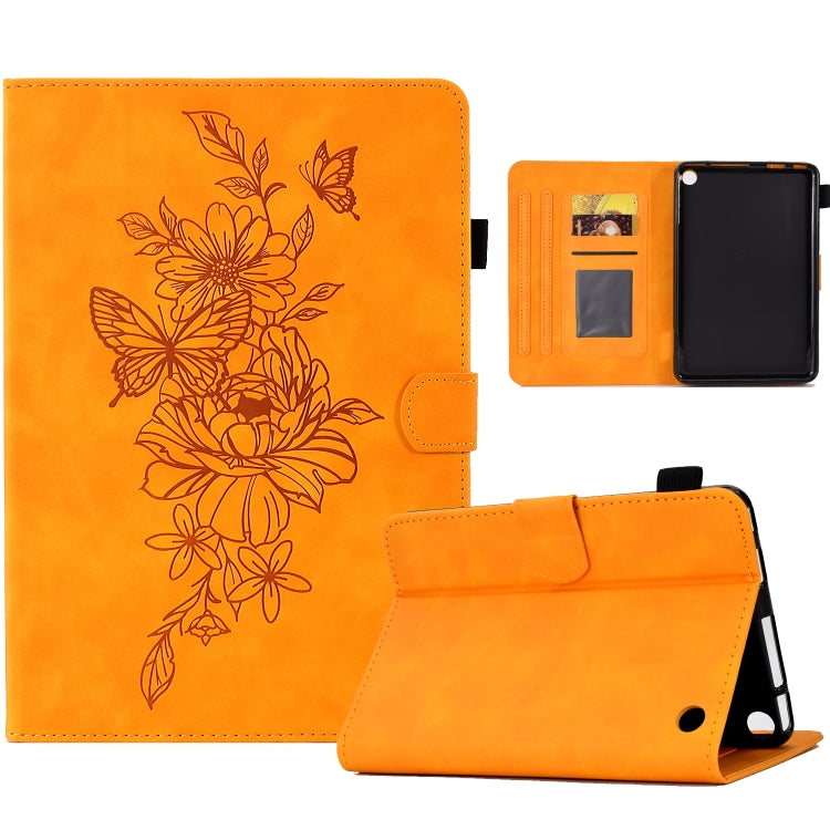Orange smart tablet case with embossed floral peony butterfly design, open cover and stand