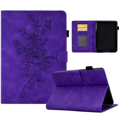 Purple leather smart tablet case with embossed flower-butterfly design, viewing stand