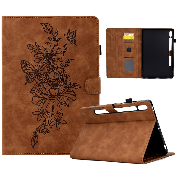 Brown leather tablet case with embossed floral butterfly design and fold stand