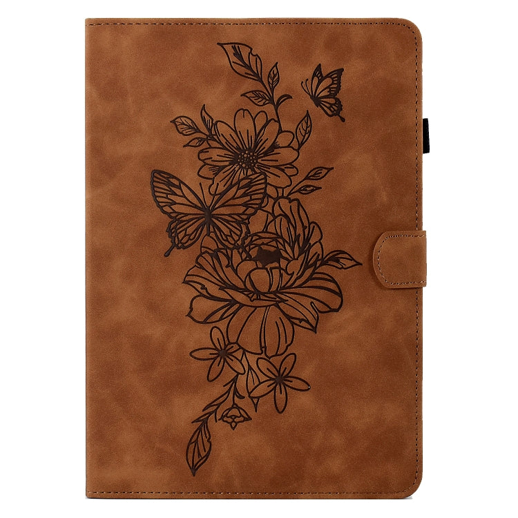 Brown leather folio case with embossed floral butterfly design and side clasp