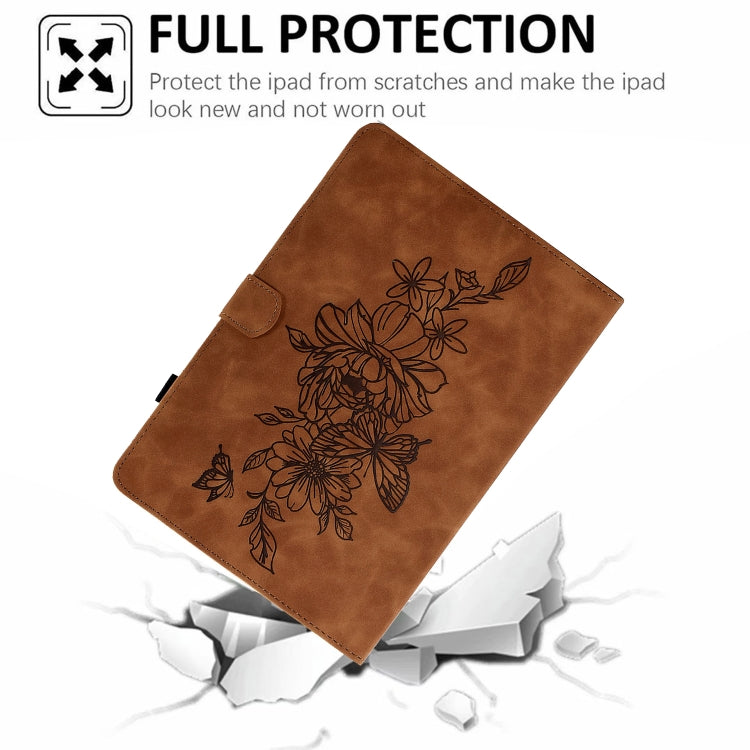 Brown leather folio case with embossed floral butterfly design and front flap