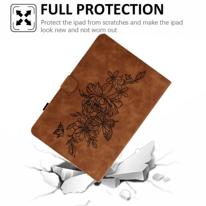 Brown leather folio case with embossed floral butterfly design and front flap