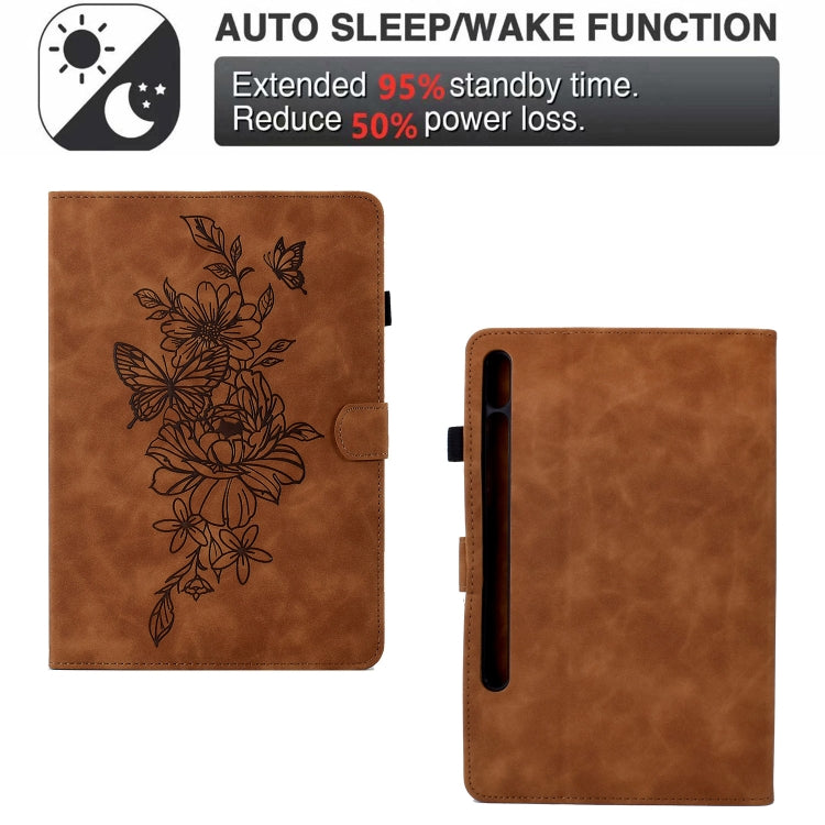 Brown leather tablet case set with embossed floral butterfly front and side view