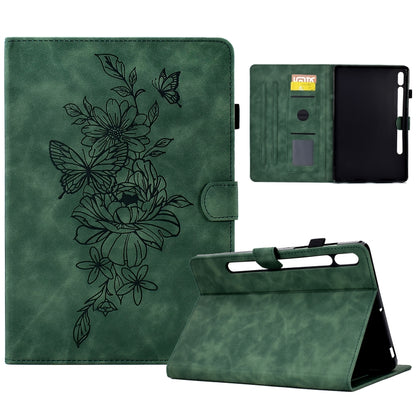 Green leather smart tablet case with peony-butterfly embossed floral design and card holder
