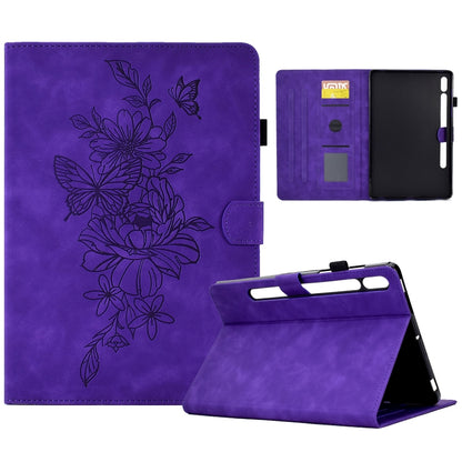 Purple smart tablet case with butterfly floral design; front cover and folding stand shown