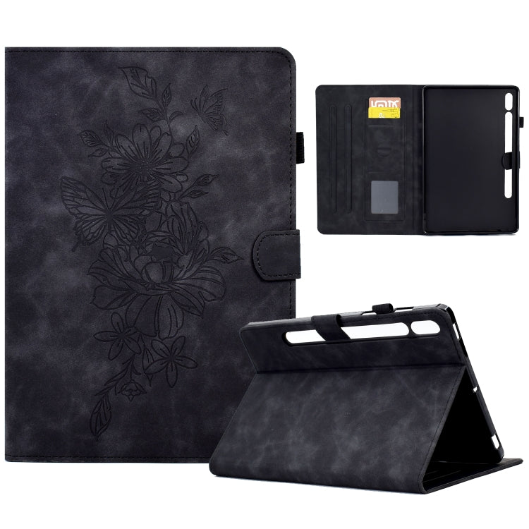 Dark smart tablet folio case with embossed peony and butterfly pattern, front flap and stand