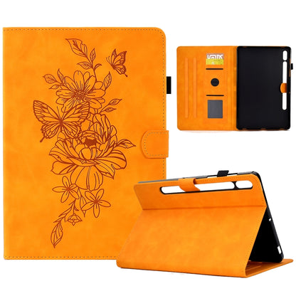 Peony butterfly embossed leather smart tablet case, orange with floral pattern and card slot