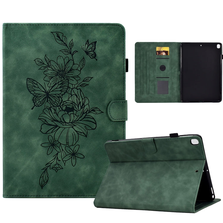 Green leather smart tablet case with peony-butterfly embossed floral motif and inner slots