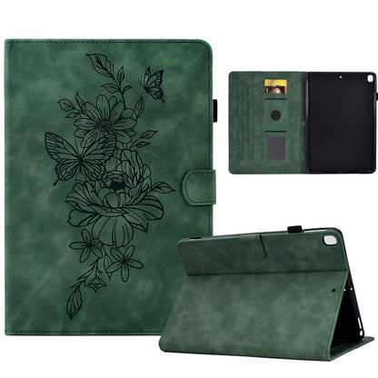 Green leather smart tablet case with peony-butterfly embossed floral motif and inner slots