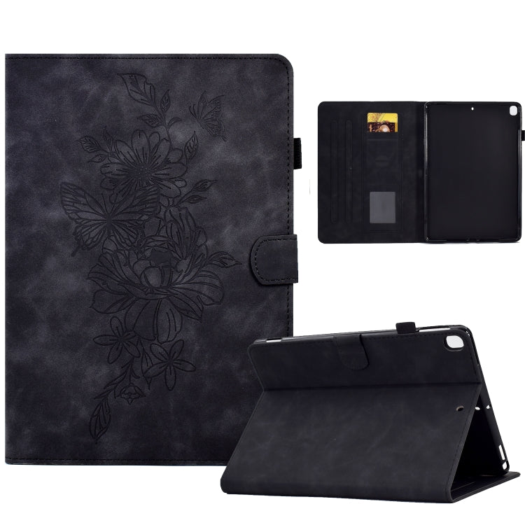 Dark embossed peony and butterfly tablet folio case with front flap, card holder, and stand