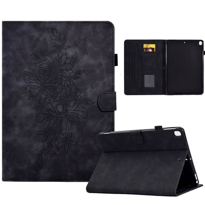 Dark embossed peony and butterfly tablet folio case with front flap, card holder, and stand