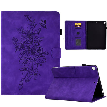 Purple smart tablet case with butterfly floral design; angled stand with interior pockets