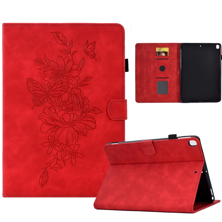 Red embossed peony butterfly leather smart tablet case, folio stand with front camera cutout