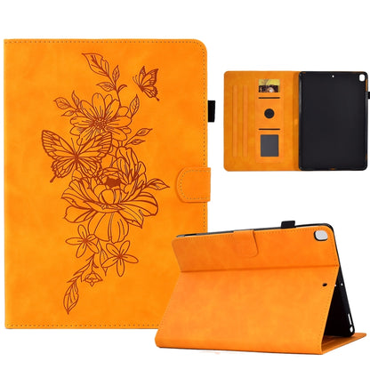Peony butterfly embossed leather smart tablet case, orange with floral pattern and side cutouts