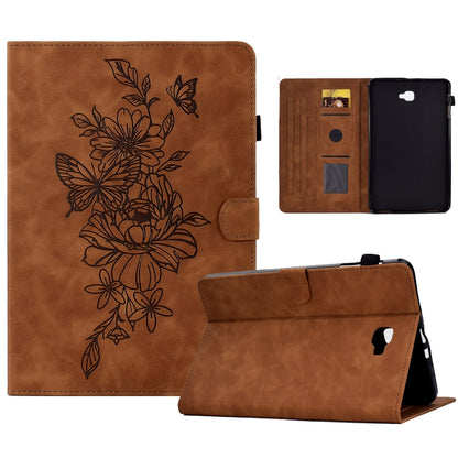 Brown leather smart tablet case with peony-butterfly embossed floral design and folio stand