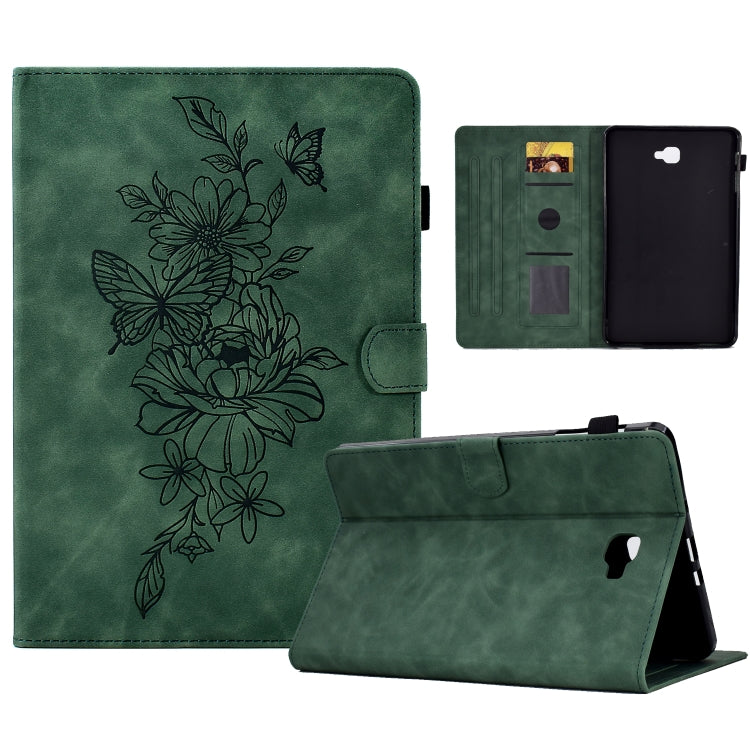 Green leather smart tablet case with peony-butterfly embossed floral art and folio stand