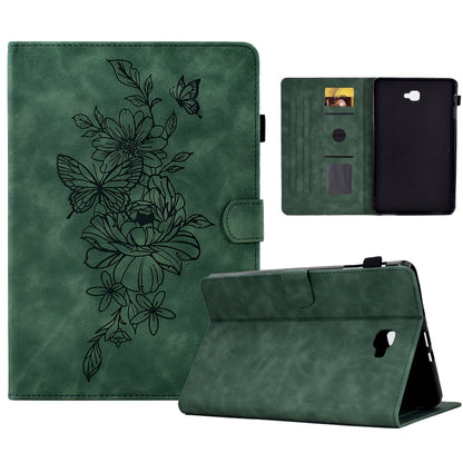 Green leather smart tablet case with peony-butterfly embossed floral art and folio stand
