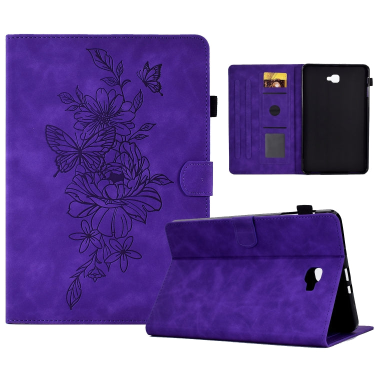 Purple smart tablet case with butterfly floral line art; open cover and stand position
