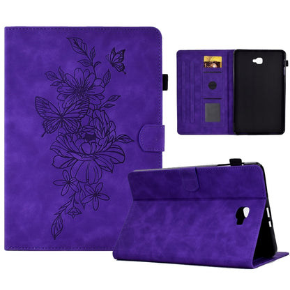 Purple smart tablet case with butterfly floral line art; open cover and stand position