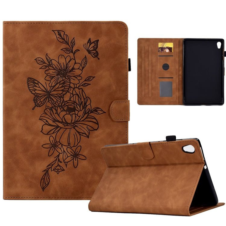 Brown leather smart tablet case with peony-butterfly embossed floral front and card slots